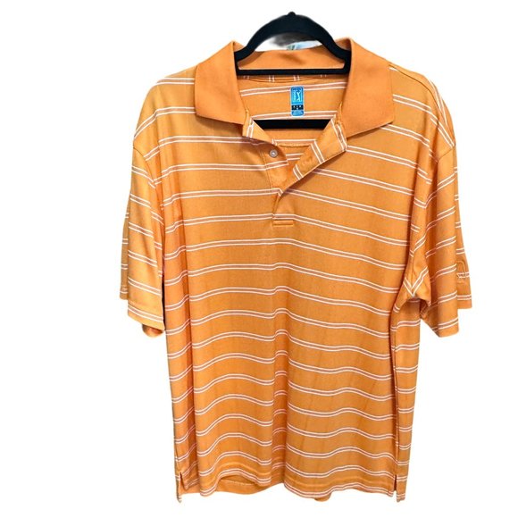 Official PGA Tour Apparel mens sz L orange striped collared 3 button golf shirt - Picture 1 of 8